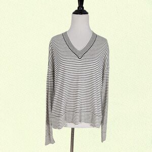 ATM Ivory Black Striped Long‎ Sleeve Silk Wool Cashmere Knit V Neck Sweater XS